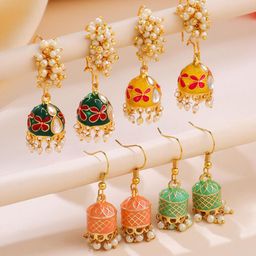 Yellow Chimes Set of 4 Gold-Plated Meenakari Beaded Jhumkas-66