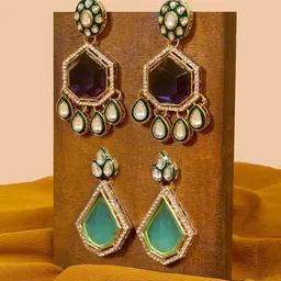 Zaveri Pearls Set of 2 Gold-Plated Contemporary Drop Earrings-10
