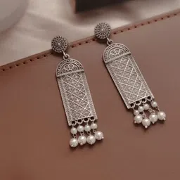 Janpath Silver-Plated Beaded Contemporary Shaped Oxidised Drop Earrings-6