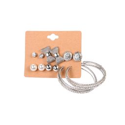 SYGA Set Of 6 Silver-Plated Alloy Artificial Stones Contemporary Hoop Earrings-7
