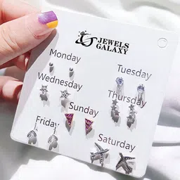 Jewels Galaxy Set Of 7 Silver-Plated Crystals-Studded Contemporary Studs Earrings-8