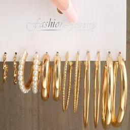 OOMPH Set Of 6 Pearl Beaded Contemporary Hoop Earrings-72