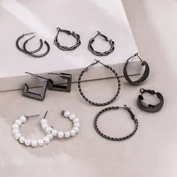 Yellow Chimes Set Of 6 Rhodium-Plated Contemporary Hoop Earrings-12
