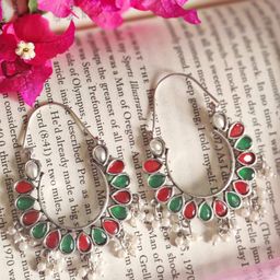 Janpath Silver-Plated Artificial Stones Studded And Beaded Crescent Shaped Chandbalis-13