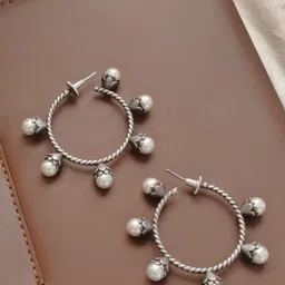 Janpath Silver-Plated Pearls Studded Contemporary Shaped Oxidised Hoop Earrings-16