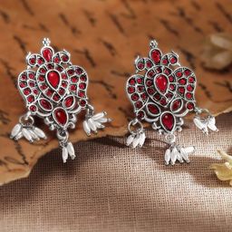 Rubans Silver-Plated Artificial Stone Studded & Beads Beaded Ethnic Drop Earrings-63