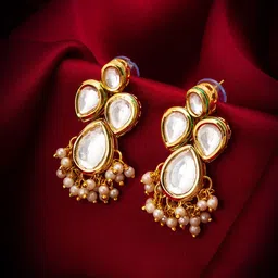 aadita Gold-Plated Kundan-Studded & Pearl-Beaded Contemporary Drop Earrings-picture-25