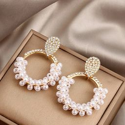 Yellow Chimes White &  Gold Tone Crystal Open Circle Pearl Embellished Drop Earrings-16
