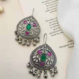 ABDESIGNS Silver Plated Stone Studded & Beaded Classic Drop Earrings-image-79
