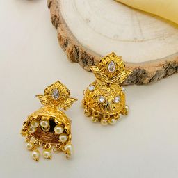 ABDESIGNS Gold-Plated Kundan Studded & Beaded Antique Dome Shaped Jhumkas-16