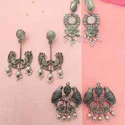 ABDESIGNS Set Of 3 Silver-Plated Stone-Studded & Beaded Classic Drop Earrings-38