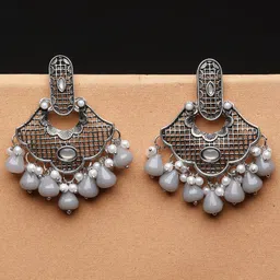 ADIVA Silver-Plated Pearl & Stone Studded Oxidised Drop Earrings-38