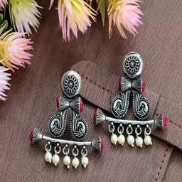 UNIVERSITY TRENDZ Silver-Plated Stone-Studded Classic Drop Earrings-19