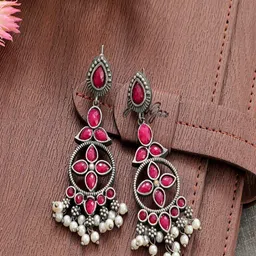 UNIVERSITY TRENDZ Silver-Plated Stone Studded Oxidised Classic Drop Earrings-30