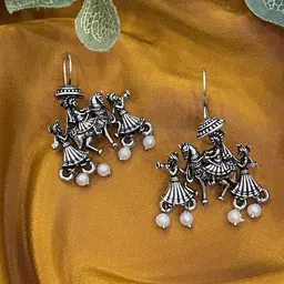 Digital Dress Room German Silver Artificial Beaded Classic Shaped Oxidised Drop Earrings-10