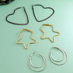 aadita Set Of 3 Gold & Silver-Plated Geometric Hoop Earrings-16