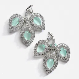 DressBerry Silver-Toned & Sea Green Rhodium-Plated AD-Studded Leaf Shaped Studs Earrings-image-84