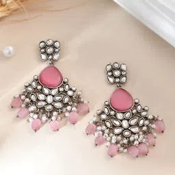 AQUASTREET Silver-Plated Pink Kundan Studded Drop Earrings-52