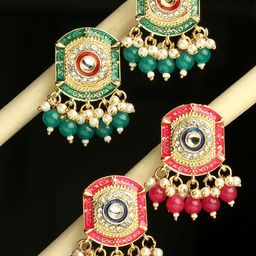 OOMPH Set Of 2 Kundan Studded & Beads Beaded Meenakari Drop Earrings-31