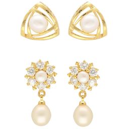 Sri Jagdamba Pearls Dealer Set Of 2 Gold-Plated Beaded Geometric Studs And Drop Earrings image 1