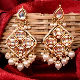 Saraf RS Jewellery Gold Plated Kundan Studded & Pearl Beaded Handcrafted Drop Earrings-14