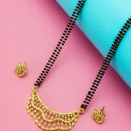 aadita Gold-Plated Black & White AD-Studded & Beaded Mangalsutra With Earrings-picture-3