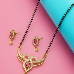 aadita Gold-Plated Black & White AD-Studded & Beaded Mangalsutra With Earrings-image-8