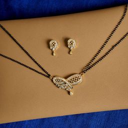 PANASH Gold-Plated & White CZ Stone-Studded Mangalsutra With Earrings-13