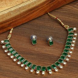 OOMPH Gold-Plated  Jadau Ethnic Choker Necklace With Stud Earrings Jewellery Set-26