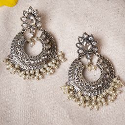 TEEJH Silver-Toned & Off White Crescent Shaped Drop Earrings-56