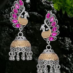 DIVASTRI Oxidised Artificial Stones Studed And Beaded Peacock Jhumkas Earrings-48
