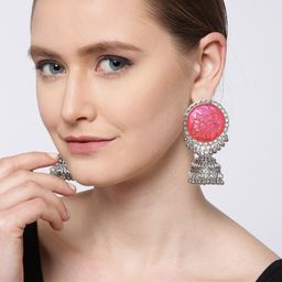 DIVASTRI Silver-Plated Artificial Beaded Dome Shaped Enamelled Jhumkas-47