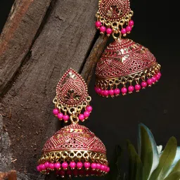 ANIKAS CREATION Pink Gold Plated Enamelled Dome Shaped Jhumkas Earrings-picture-31