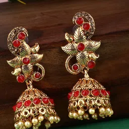 ANIKAS CREATION Red & Gold-Plated Dome Shaped Jhumkas Earrings-picture-3