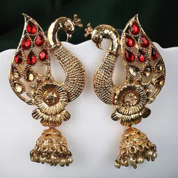 ANIKAS CREATION Red & Gold-Plated Contemporary Jhumkas Earrings-image-10