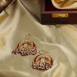 DUGRISTYLE Gold-Plated Kundan Studded & Beaded Classic Drop Earrings-15