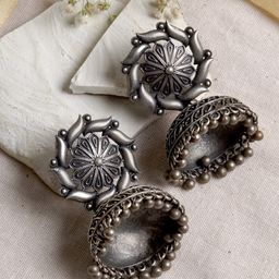 TEEJH Silver-Toned Dome Shaped Jhumkas Earrings-image-47
