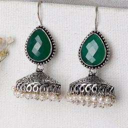 TEEJH Silver-Plated & Green Contemporary Jhumkas Earrings-34