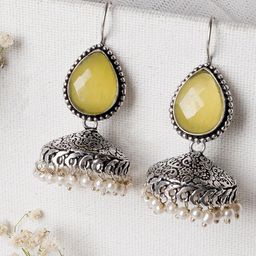 TEEJH Silver-Toned & Yellow Dome Shaped Jhumkas Earrings-26