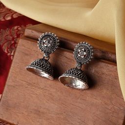 TEEJH Silver-Plated Oxidised Contemporary Jhumkas Earrings-46