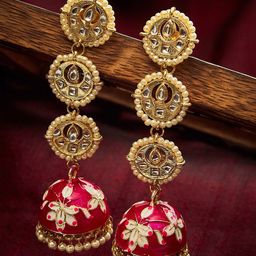 SOHI Maroon Gold-Plated Contemporary Meenakari Jhumka Earrings-image-19