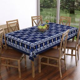 BLOCKS OF INDIA Blue Elephant Printed Pure Cotton 6-Seater Table Cloth-36