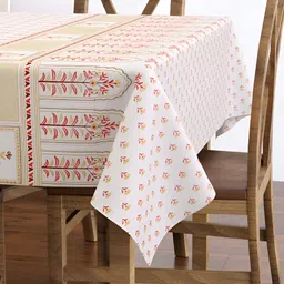 BLOCKS OF INDIA White & Red Floral Cotton 6 Seater Table Cover-7