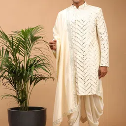 SHRESTHA BY VASTRAMAY Men Cream Mirror Work Silk Blend Sherwani Set With Dupatta-picture-30