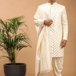 SHRESTHA BY VASTRAMAY Men Cream Mirror Worked Sherwani Set With Embellished Dupatta-picture-55