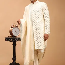 SHRESTHA BY VASTRAMAY Men Cream Mirror Work Silk Blend Sherwani Set-picture-11