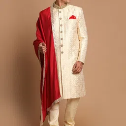 VASTRAMAY Men Beige Self-Design Sherwani Set With Dupatta-8