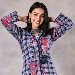 Rustorange Women Blue Checked Longline Tailored Jacket with Embroidered-picture-11