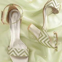 House of Pataudi Women Green & Gold-Toned Printed Handcrafted Ethnic Block Heel Sandals-16