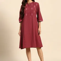 all about you Mirror Work Embroidered Pure Cotton A-Line Midi Ethnic Dress-image-1